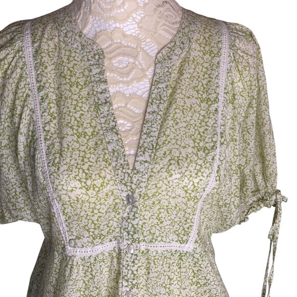 Ann Taylor Loft Floral Blouse Top Peasant Puff Sleeve Green S - Picture 2 of 6